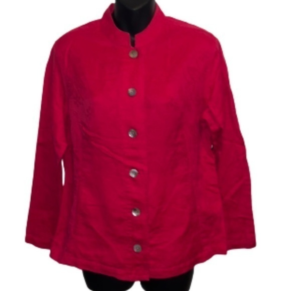 Chico’s hot pink linen jacquard floral pattern button down top EUC size 1